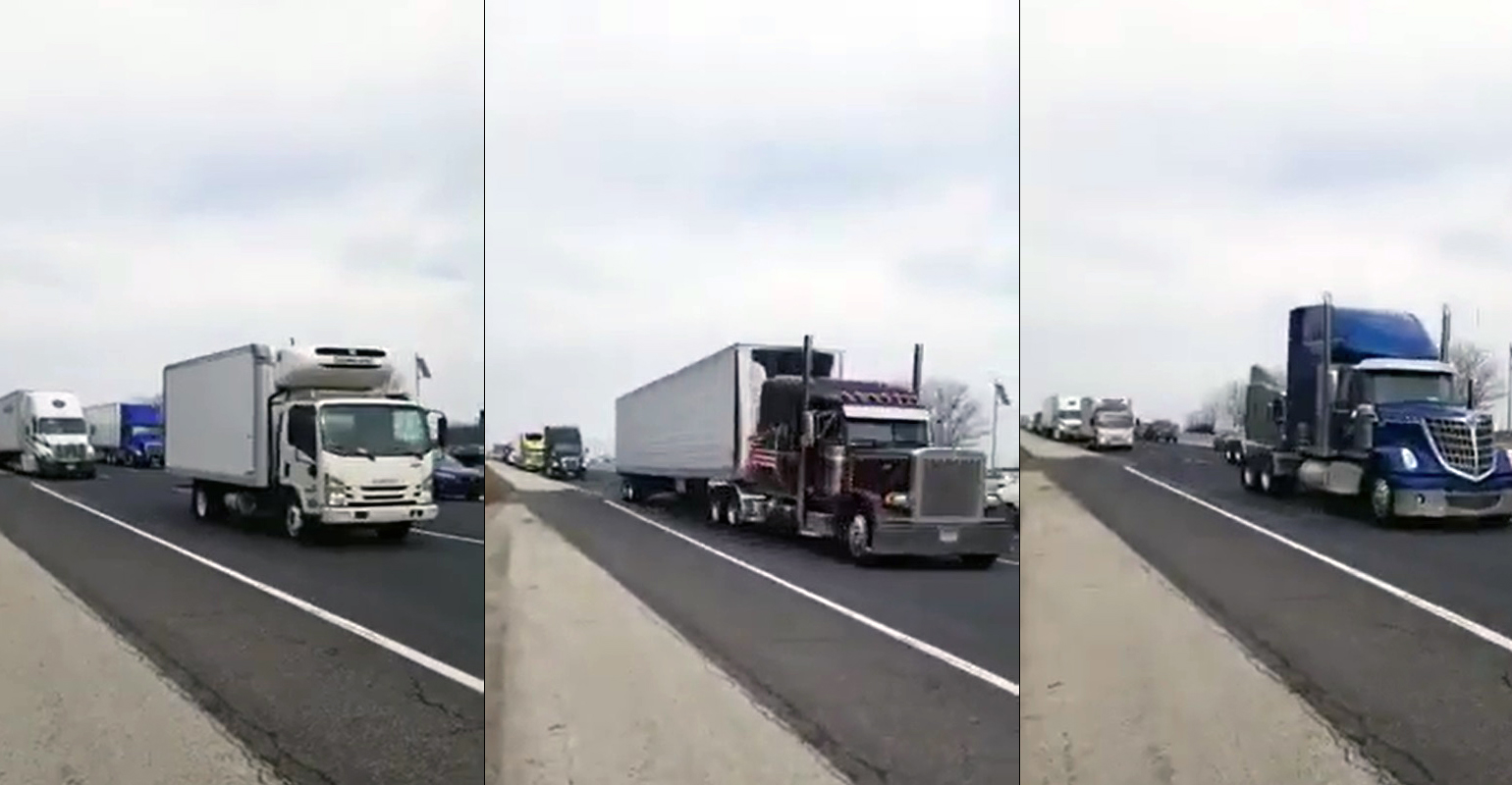 Stills from video posted on YouTube of truck drivers' 'slow roll' protest Feb. 21 on I-465 around Indianapolis.